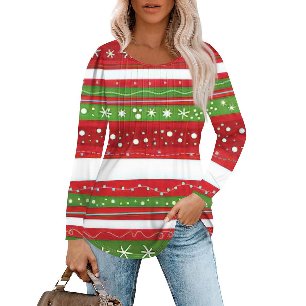 Женская повседневная футболка с круглым вырезом и длинными рукавами с рождественским принтом и складками