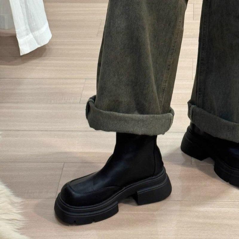 Fleece Round Head Martin Boots Women's Autumn and Winter, New Thin Thick Heel Cigarette Single Boots Cut West Medium Cotton Boots