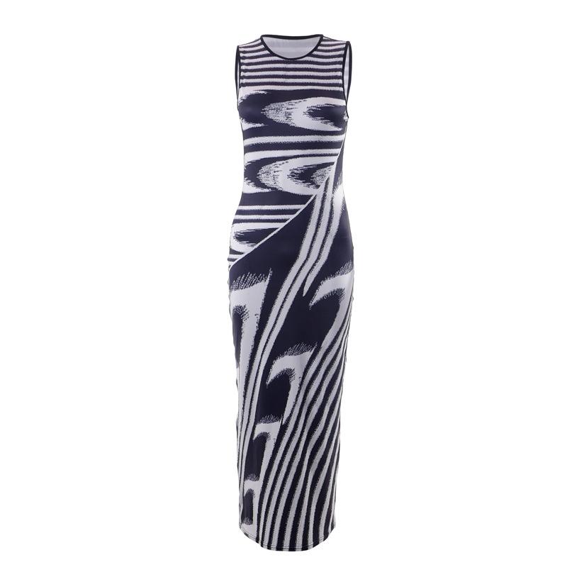 Элегантное женское повседневное женское платье с принтом и круглым вырезом свободного кроя, визуально тонкое длинное платье без рукавов