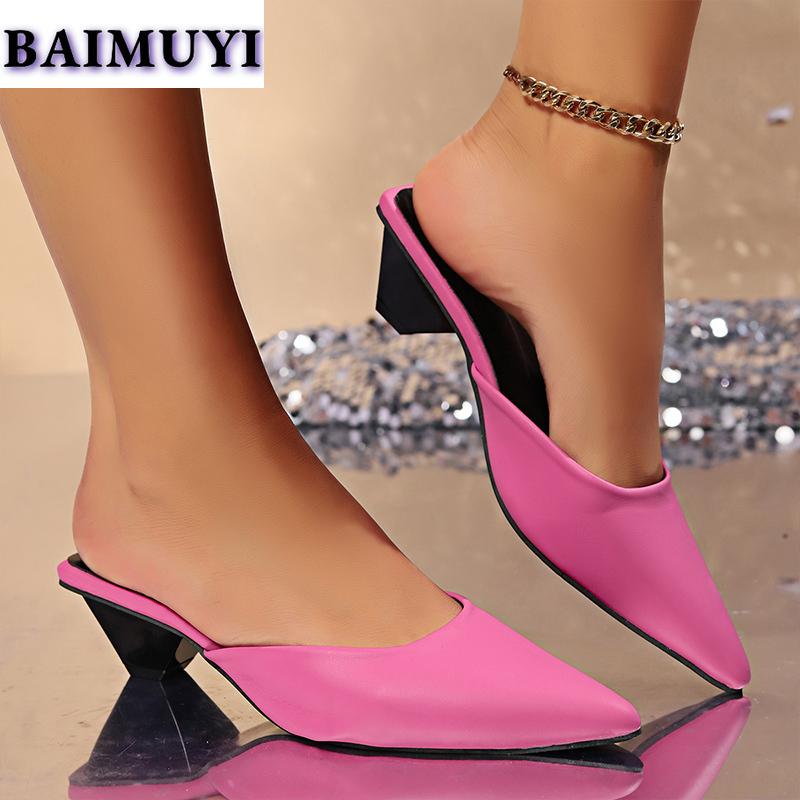 Мода леопардовый острый носок женские мюли тапочки туфли на среднем каблуке 2025 тренд сексуальные сандалии дизайнерские шлепанцы туфли на высоком каблуке Mujer Zapatillas