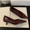 Fashion SUOJIALUN 2025 Spring New Pointed Toe Women Pumps Shoes Pointed Toe Shallow Slip On Boat Shoes Thin Low Heel Dress Pumps