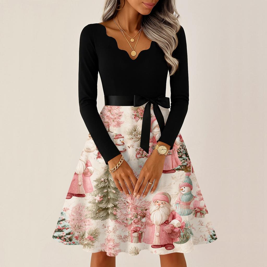 Women's Casual Fashion V-neck Long Sleeved Retro Christmas Print Retro Dress