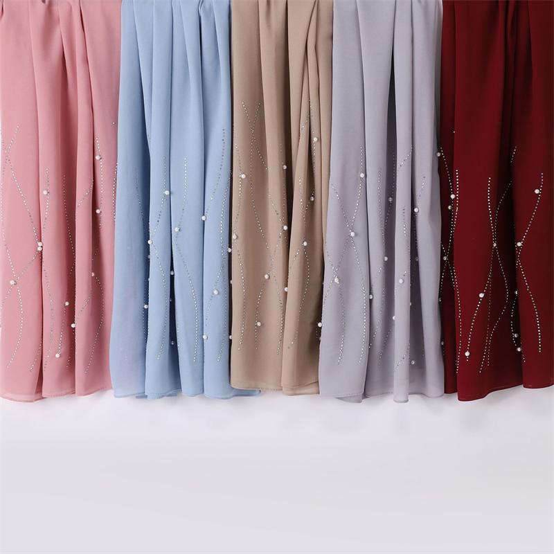 Plain Pearl Bubble Rhinestone Chiffon Shawl Scarf High Quality Shimmer Beads Headband Wrap Foulard Muslim Hijab