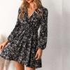 Casual Elastic Loose Waist Floral Short Dress Autumn V-neck A-line Sexy Dress Fashion Flower Printed Long Sleeve Dresses 29773