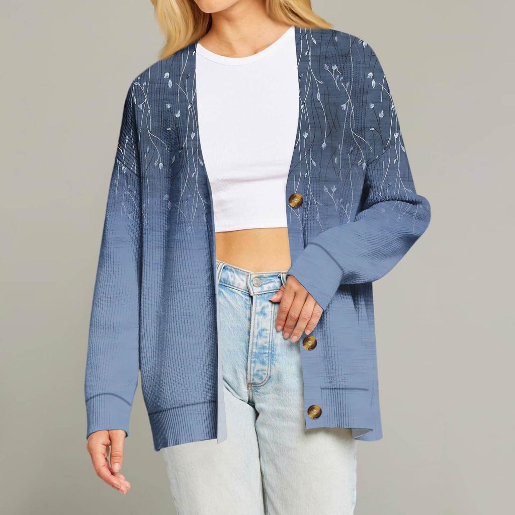 Women's Fashion Long Sleeve Print V-Neck Button Loose Cardigan Top