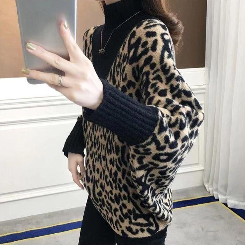 Свитер женский осенне-зимний полосатый свободный утолщенный с высоким воротом рубашка леопардовый теплый пуловер топы