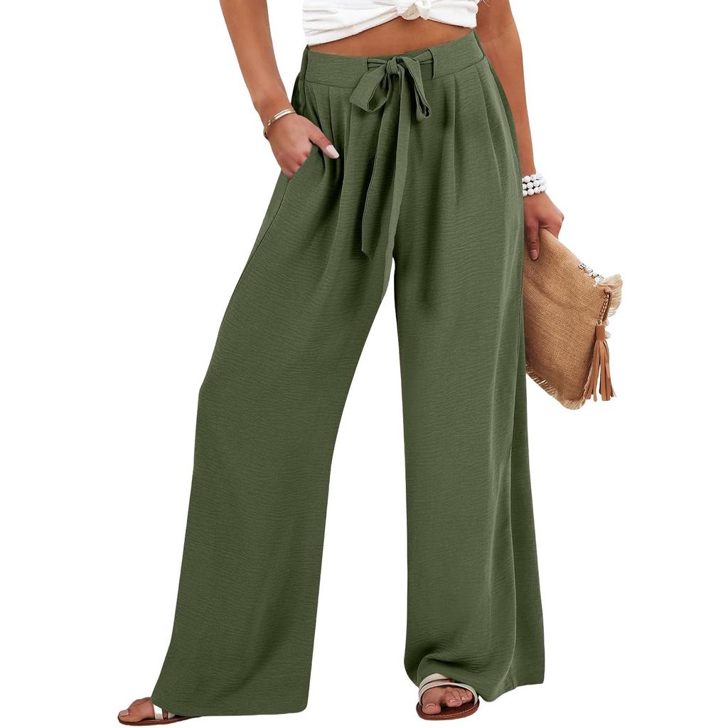 Womens Wide Leg Palazzo Pants High Waisted Adjustable Tie Knot Flowy Trousers Casual Loose Pant With Pockets