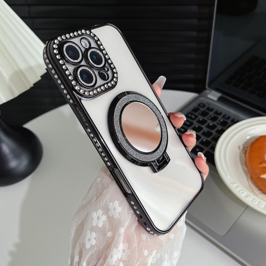 Милый девчачий чехол-бампер с блестками и бриллиантами для макияжа, с защитой для камеры и подставкой для iPhone 17 16 Pro Max Samsung S25 S24