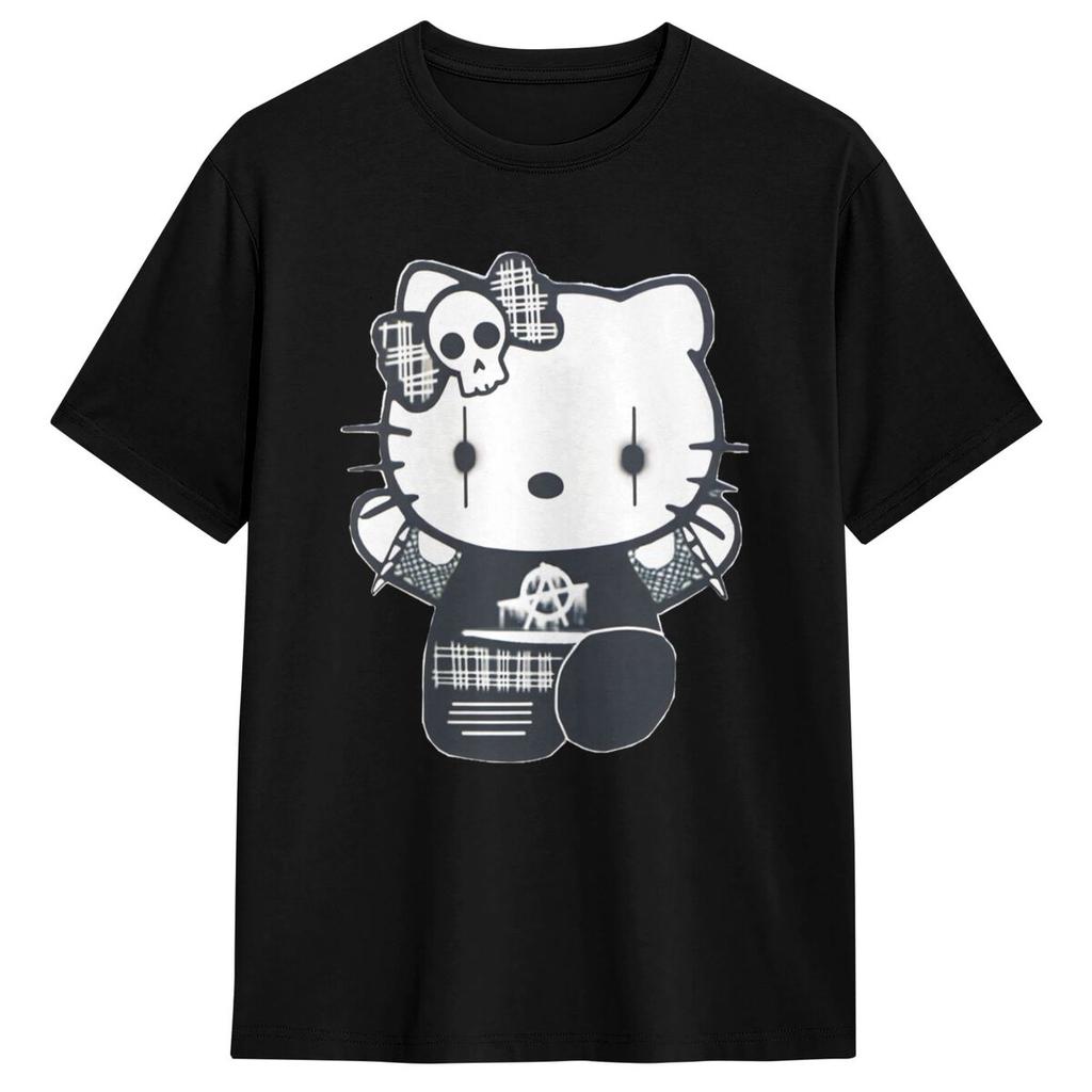 Goth Gothic Hellokitty Black Satanic T Shirt Leisure Short-Sleeved Tops Summer 100 Cotton O Neck 4XL 5XL 6XL Clothes