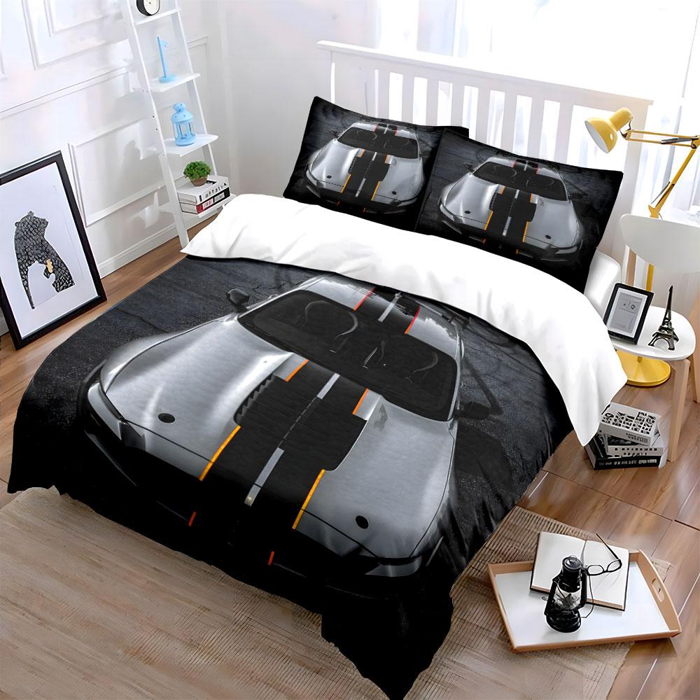 Sleek silver sports car top view Print Bedding Set 1 Duvet Cover 2 Pillowcases for Adult and Children Luxury Gift Full Size