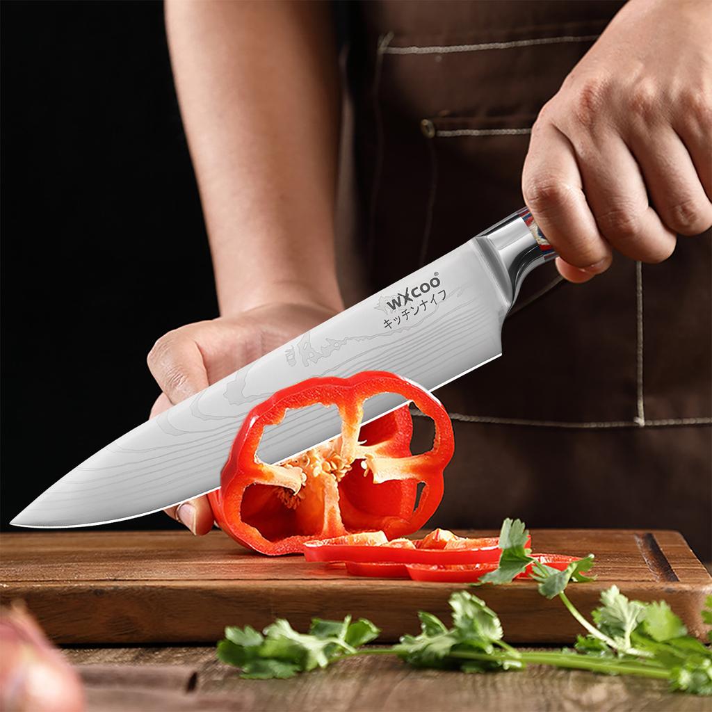 5PCS Damascus Pattern Chef Knife Kitchen Knife Meat Cleaver Wood Handle Paring Utility Santoku Slicing Knife