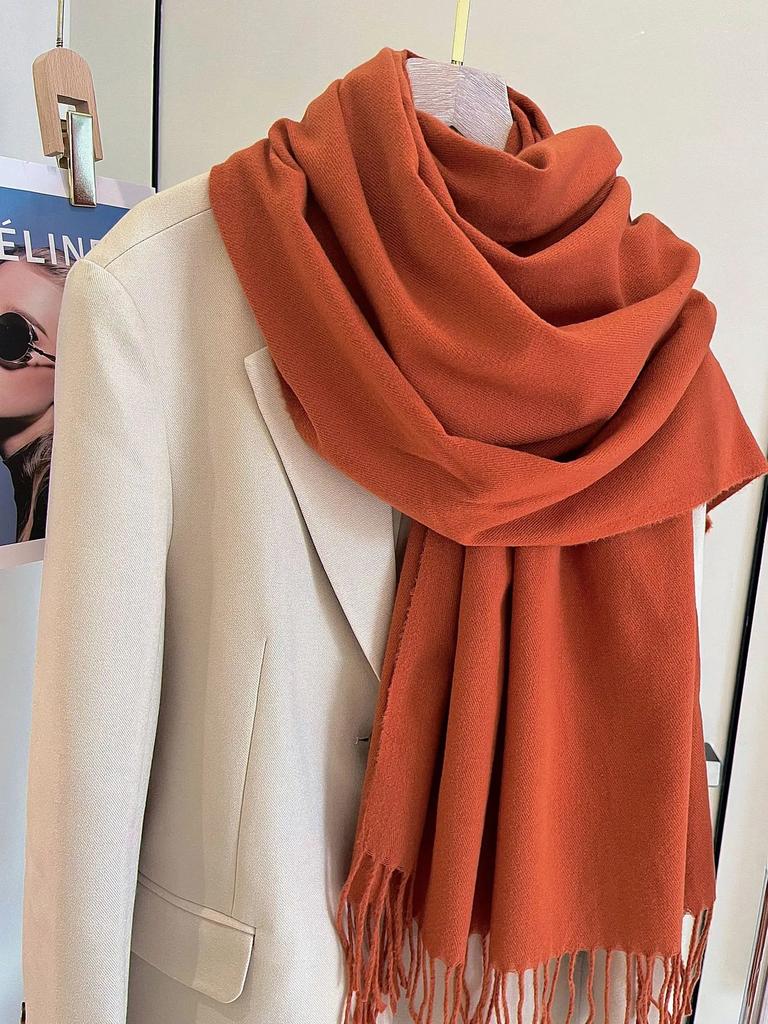 Versatile Fringed Solid Color Wool-Like Scarf For Women 2023 New Autumn Winter Prom Red Scarf Wholesale Warm Shawl