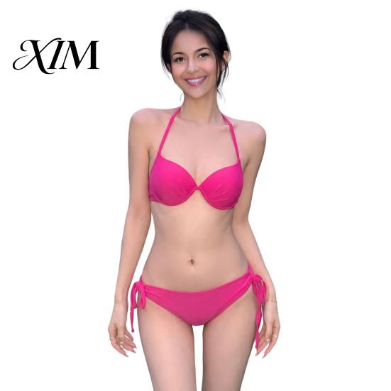 Two-piece Swimsuit Women Solid Color Bikini Set, Summer Two Piece Swimsuit, Halter Tie Underwire Top Spaghetti Strap & High Cut Bottom, Sexy