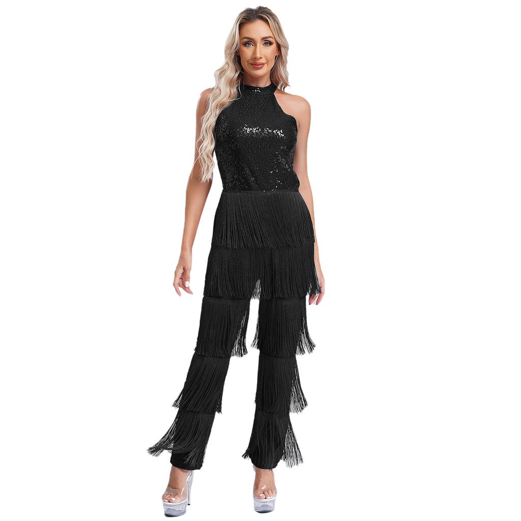 Women Sleeveless Jazz Costume Flowy Tassel Rompers Performance Dancewear Fringe Jumpsuit Tango Cha-Cha Samba Dancing Party Dress