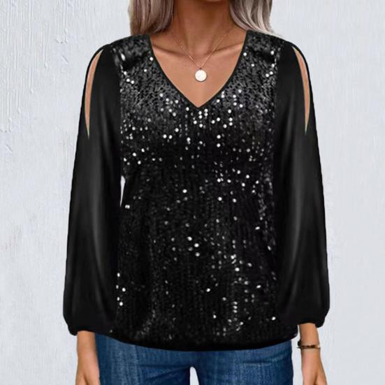 Осень-весна женский топ с длинным рукавом-фонариком и блестками свободный лоскутный пуловер с v-образным вырезом мягкая дышащая женская однотонная блузка