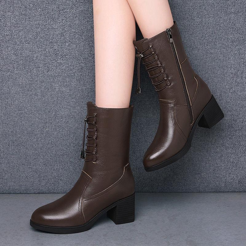 Модные женские кожаные полусапоги до середины икры с круглым носком, осенне-зимние, теплые, на флисовой подкладке, на среднем каблуке, готические, для работы