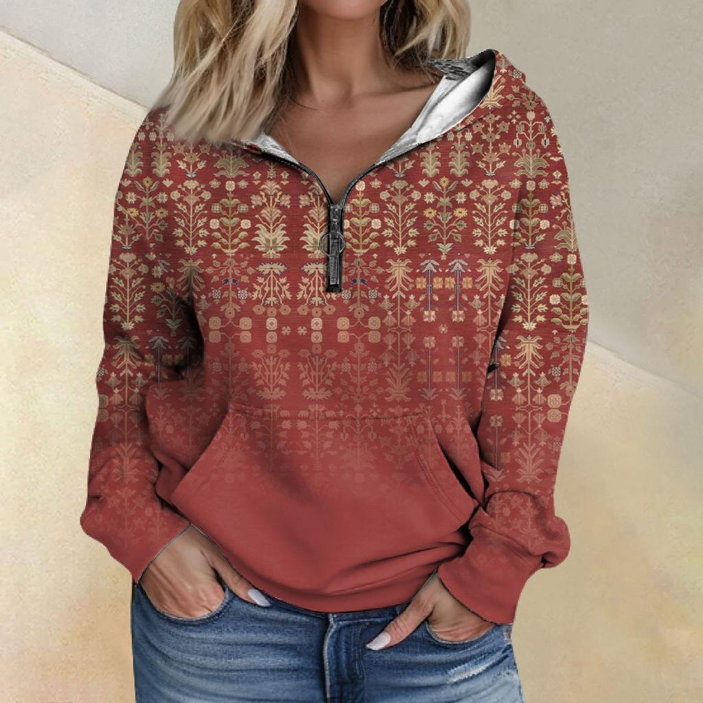 Women's Fashion Printing Long Sleeve Loose Half Zippered Hoodie With Pockets