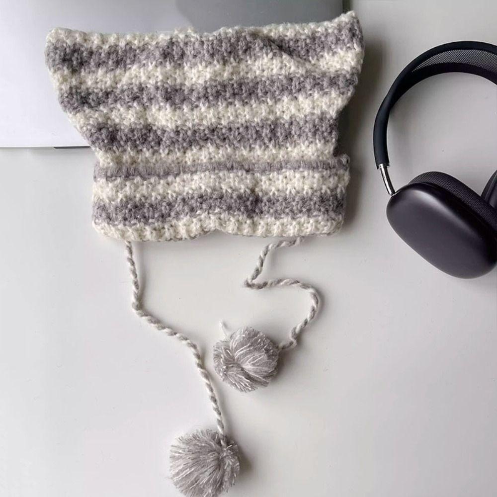 Шерстяная вязаная полосатая шапка-бини с милыми кошачьими ушками, остроконечная шапка-пуловер, вязаные шерстяные шапки, женская