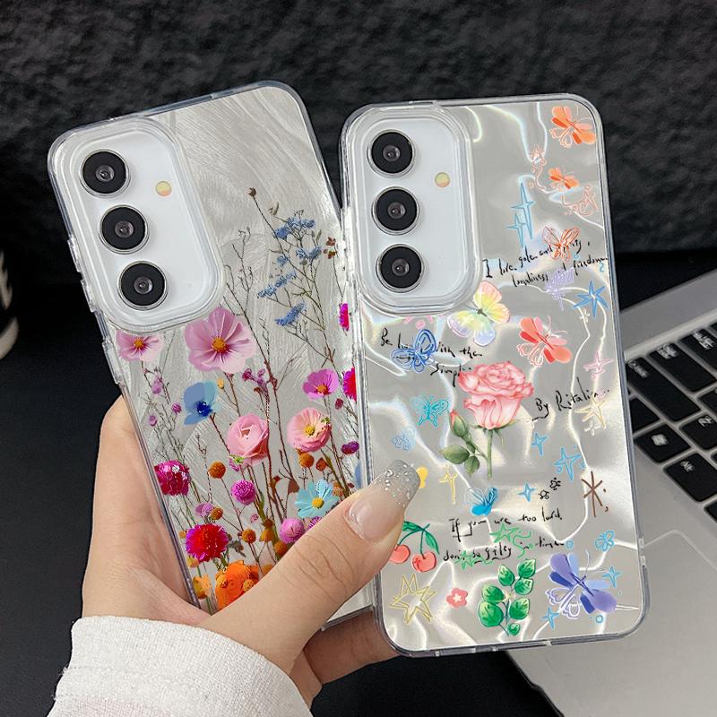 Чехол-накладка из мягкого блестящего полиуретана с цветочным принтом для Samsung S25 Ultra S24 FE S23 A36 A56 A16 A55, тонкий, ударопрочный, жесткий чехол для телефона из ПК с перьями