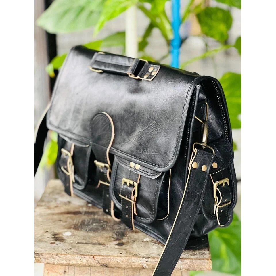 Men's Black Certified Leather Messenger Shoulder Bag Laptop Briefcase Travel