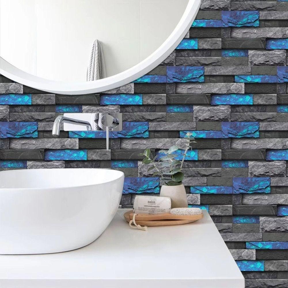 6PCS Marble Pattern Crystal Kitchen Stickers 3D Effect Wall Decals Tile Stickers Kitchen Bathroom
