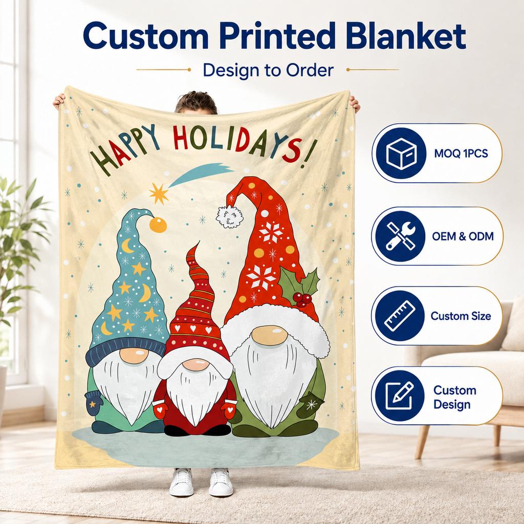 Holiday Special Gnome Custom Print Blanket Snowflake Hat Personalized Blanket for Bedroom Sofa Home Decor Seasonal Gift Use
