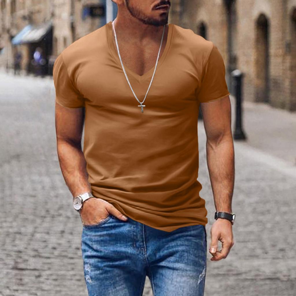 Мужская футболка с коротким рукавом и V-образным вырезом, однотонная, повседневная, с коротким рукавом