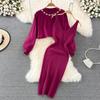 Celebrity Style Round Neck Beaded High Waist Short Open Bellybutton Sweater Two Piece Spicy Girls Knitted Tank Top Dress Women
