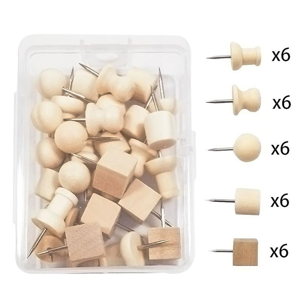 30 Pcs for Creative Wooden Push Pin Set Paper Photo Memo Document Steel Tack Postcard Push Pin for Home DIY Photo Wall