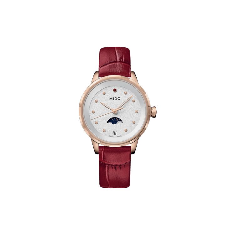 Mido Flower Series Moon Phase Watch Retro Red Quartz Movement Red Watch 31mm White Dial Leather Strap Women watches M043.023.36.031.00