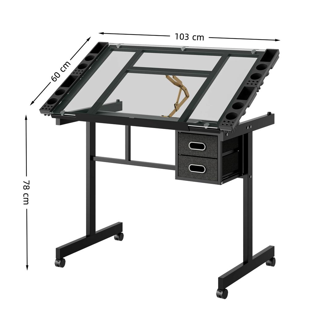Adjustable Art Drawing Desk Craft Station Drafting with 2 fabric Drawers and 4 Wheels (black)