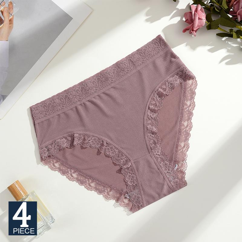 4Pcs Lace Plus Size Underwears Women's Sexy Panties High Quality Striped Briefs Girls Solid Sports Comfortable Lingerie