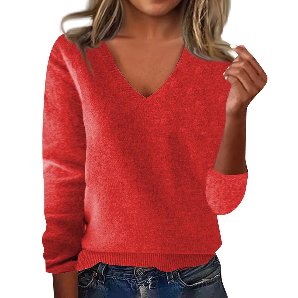 Women's Fashion Loose V-Neck Long Sleeve Bottom Shirt Top Knitted Sweater