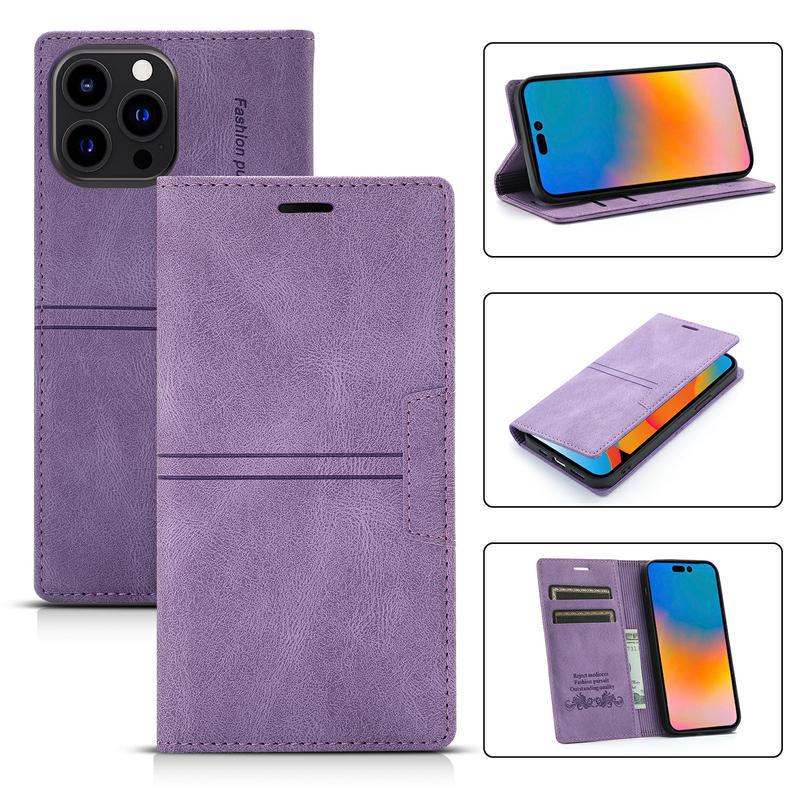 iPhone14 Solid Color Flip Card Holder Leather Case: Dreamy Magnetic Phone Cover for Apple 13.