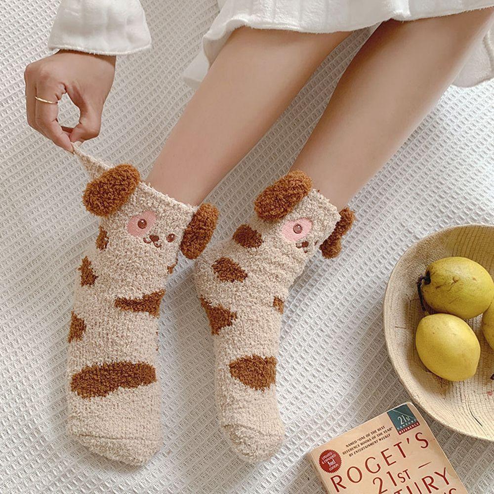 Ears Coral Fleece Plush Dog Girls Cute Floor Socks Christmas Socks Female Hosiery Mid-tube Socks