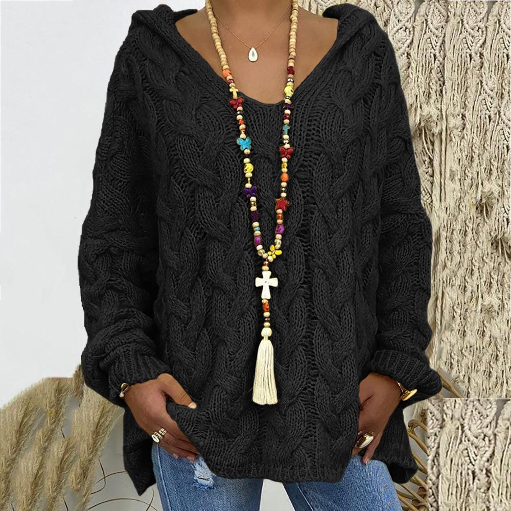 Women's Autumn and Winter Knitted Thickened Twist V-Neck Hooded Loose Sweater