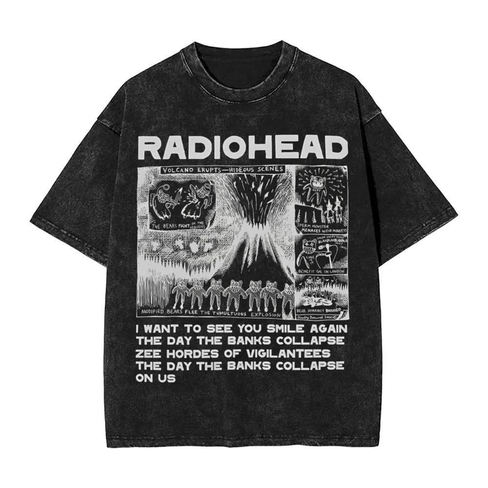 Свободная винтажная футболка с коротким рукавом кислотной стирки с принтом Radiohead Kid A Mountain