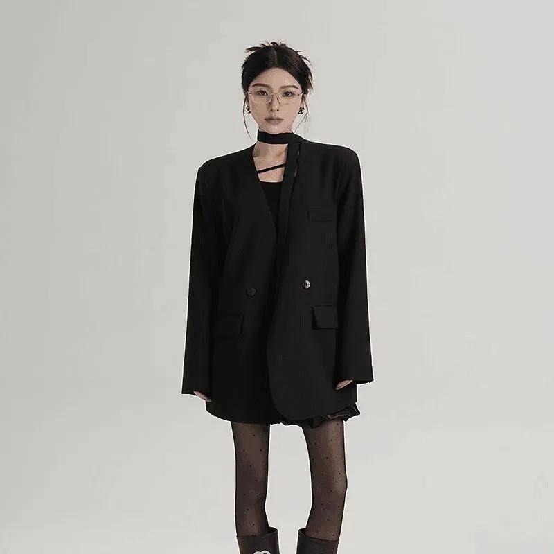 Женский oversize блейзер из смесовой шерсти бордового цвета, повседневная свободная куртка с открытым передом