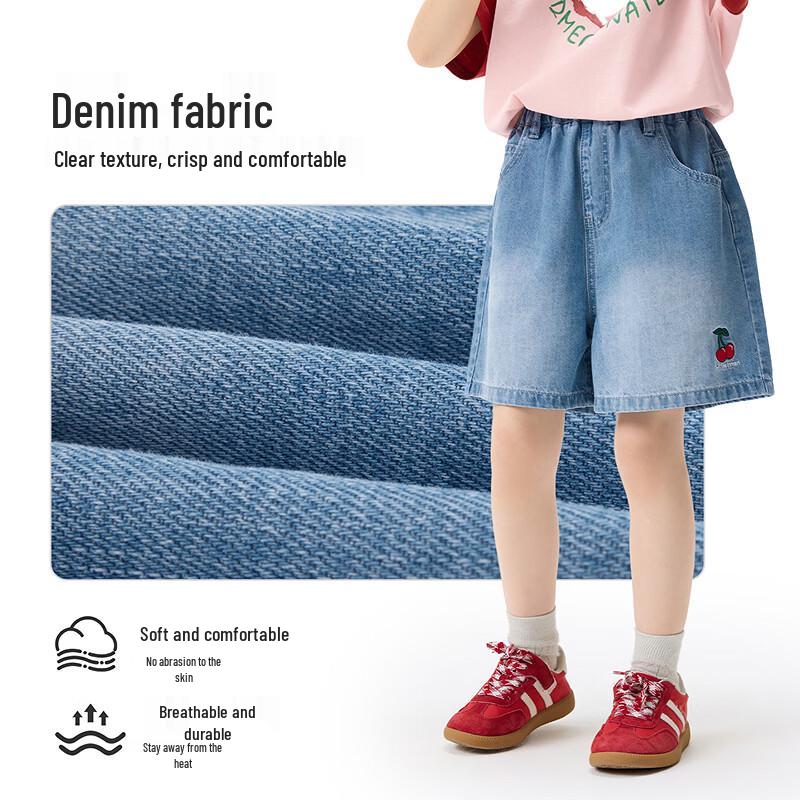 Xiaoyinman Girls' Loose Casual Cherry Embroidery Denim Shorts