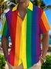 Men'S Bohemian Style Short-Sleeve Shirt with Rainbow Stripe Pattern Print - Suitable for All Seasons, Casual Style, Plus-Size Men'S Top with