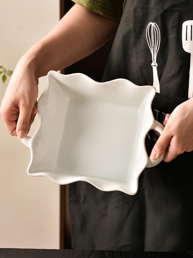 Миска с двумя ушами Wave, простая скандинавская бытовая посуда, креативная керамическая миска для лапши большой емкости, однотонная большая суповая миска