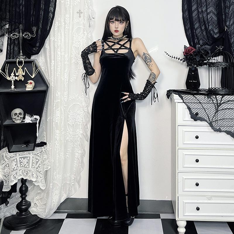 AltGoth Mall Готическое бархатное платье для женщин Fairycore Grunge Элегантное панк-платье с пентаграммой и вырезом без рукавов с бретелью через шею с разрезом Праздничная одежда