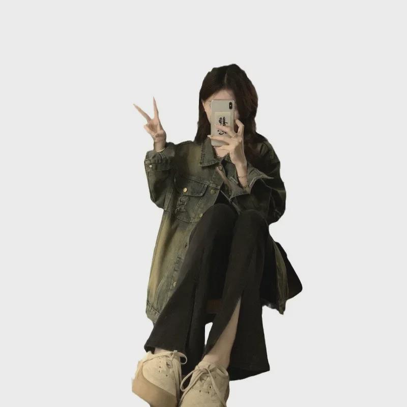 Женская джинсовая куртка в стиле ретро с потертостями и рваными краями — новинка 2024 года в корейском стиле, свободная модель с длинными рукавами для весны и осени