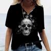 3D Skulls Flower Print Women's T-shirts Fashion V-neck Short Sleeves Tees Summer Casual Female Clothing Loose Tops Streetwear
