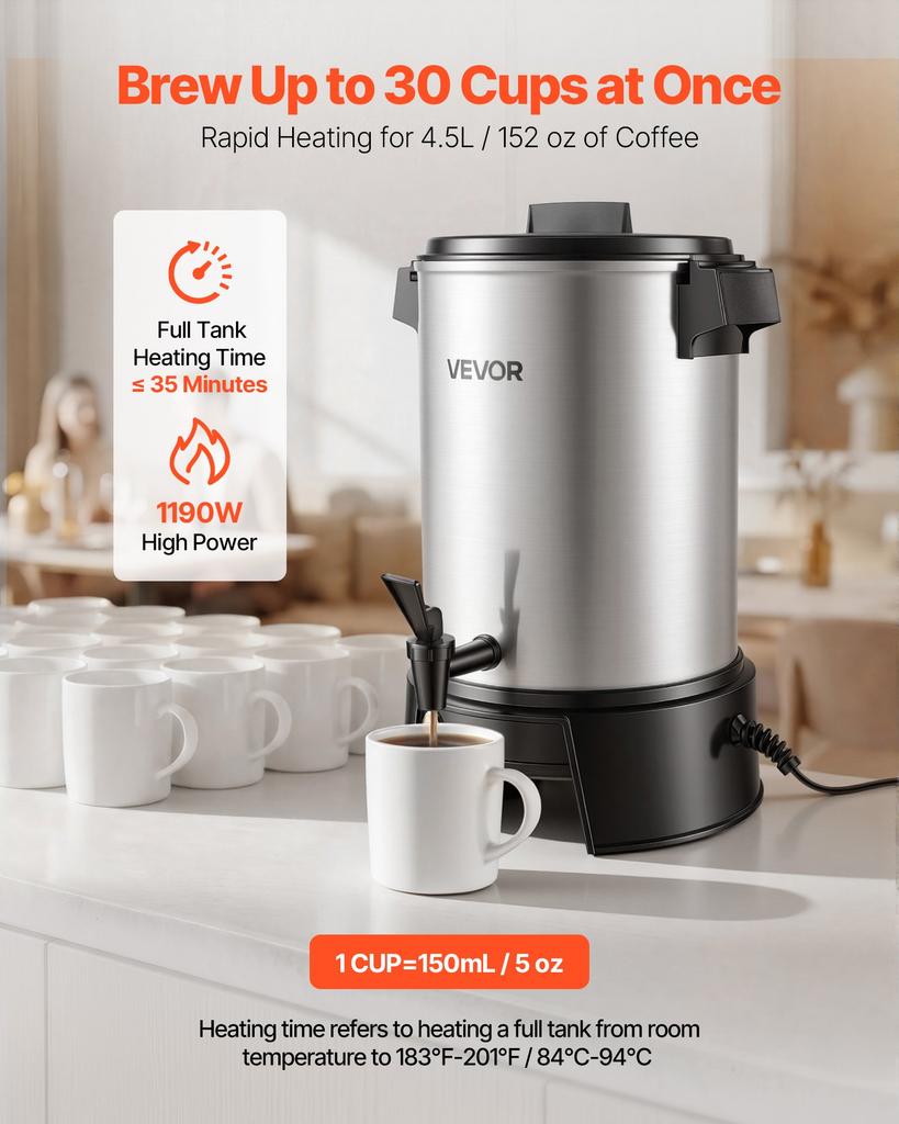 VEVOR Commercial Coffee Urn, 30 Cup 4.5L Hot Beverage Dispenser with Dripless Faucet, 1190W Quick-Brewing Coffee Maker, Automatic Temperature Control