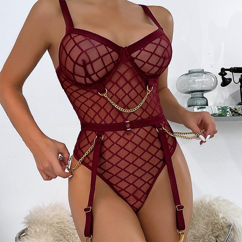 Wind Perspective Mesh Heavy Industry Metal Chain Sexy One-piece Lingerie Women's Clothing