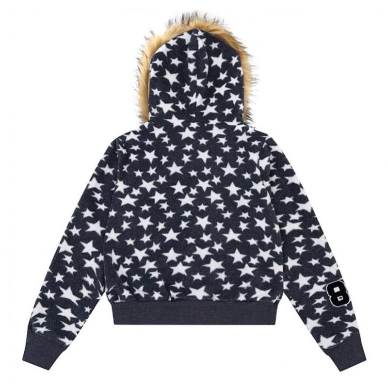 American Retro Star Print Hooded Sweatshirt Loose Zip Up Jacket Streetwear
