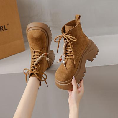 Весна и Осень 2025 Новая Мода Деним Милый Крутой Ветер Ботинки Мартин Детские На Толстой Подошве Увеличивающие Рост Лента Британские Одинарные Ботинки