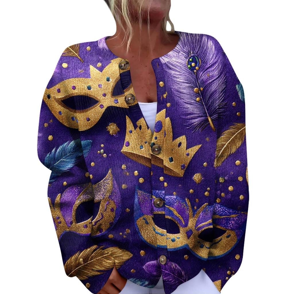 Women's Fashion Festival Printed Long-Sleeved Knitted Cardigan With Button-Front