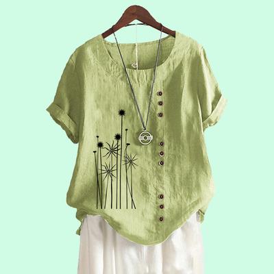 Женская мода хлопок льняная блузка лето и осень мода круглый вырез короткий рукав топ женская цветочный принт свободная футболка